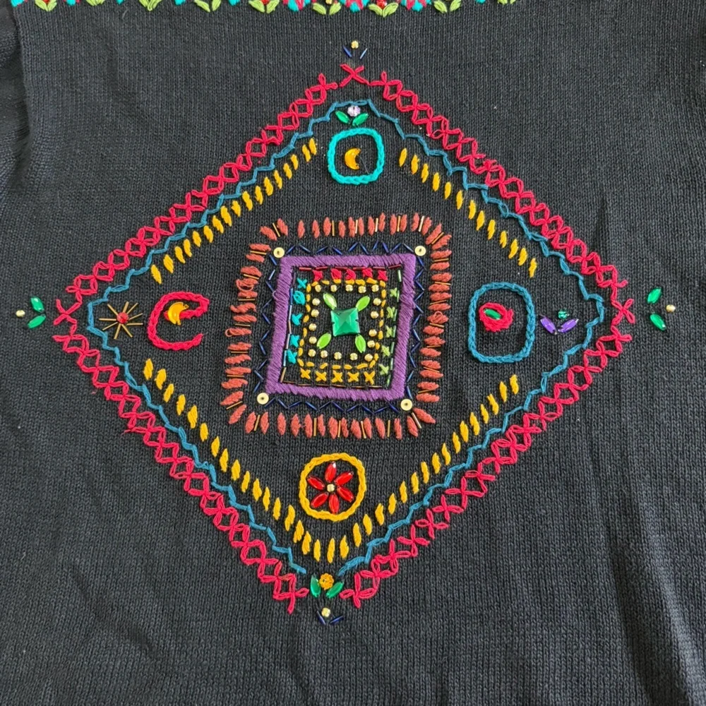 Carole Little Vintage Black Embroidered Bedazzled Sweater 3/4 Sleeve Size 1X